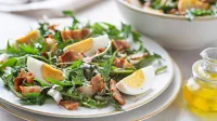 Dandelion salad with eggs and bacon close up,Image: 1012949825, License: Royalty-free, Restrictions:, Model Release: no, Credit line: zidi, Panther Media Global/Alamy/Profimedia