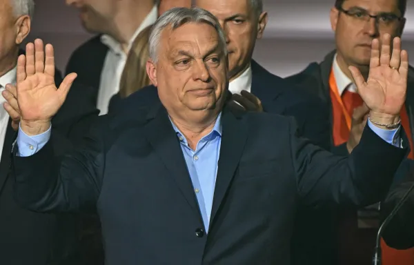 Hungary's Prime Minister Viktor Orban waves to supporters at the Balna centre in Budapest during a general election in Hungary, on April 12, 2026. Hungary's nationalist Prime Minister Viktor Orban conceded defeat in parliamentary elections to his rival, conservative Peter Magyar, a former government insider and political newcomer who has promised "system change".,Image: 1090517273, License: Rights-managed, Restrictions:, Model Release: no, Credit line: Attila KISBENEDEK/AFP/Profimedia