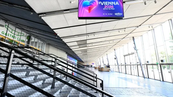 THEME PICTURE - Wiener Stadthalle on Monday, August 25, 2025 in Vienna, Austria. Vienna will host the 70th Eurovision Song Contest, with the final taking place on May 16, 2026, at the Wiener Stadthalle. Interior view of Hall D of the Vienna City Hall, VIENNE 2026 United by Music screen -,Image: 1031432149, License: Rights-managed, Restrictions:, Model Release: no, Credit line: HANS KLAUS TECHT/APA/Profimedia
