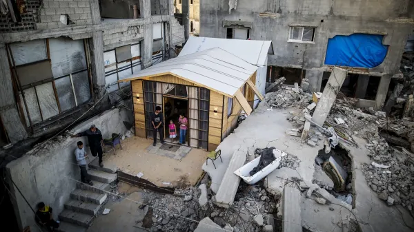 GAZA CITY, GAZA, PALESTINE - MAY 11: 38-year-old Palestinian Ala Jouda, whose home was destroyed in an Israeli attack on the al-Shati Refugee Camp, builds a shelter with his own means on top of the rubble of his former house in Gaza City, Gaza, Palestine on May 11, 2026. Jouda, who previously worked as a contractor and carpenter, now lives with his family in the structure he built using wooden materials recovered from the debris. Saeed M. M. T. Jaras/Anadolu/ABACAPRESS.COM,Image: 1098276646, License: Rights-managed, Restrictions:, Model Release: no, Credit line: AA/ABACA/Abaca Press/Profimedia