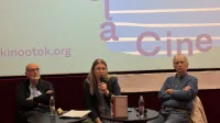 Knjigo izbranih spisov Franca Basaglie so na Kino Otoku predstavili (z leve): Hektor Jogan, urednica Amelia Kraigher in avtor spremne besede Vito Flaker.